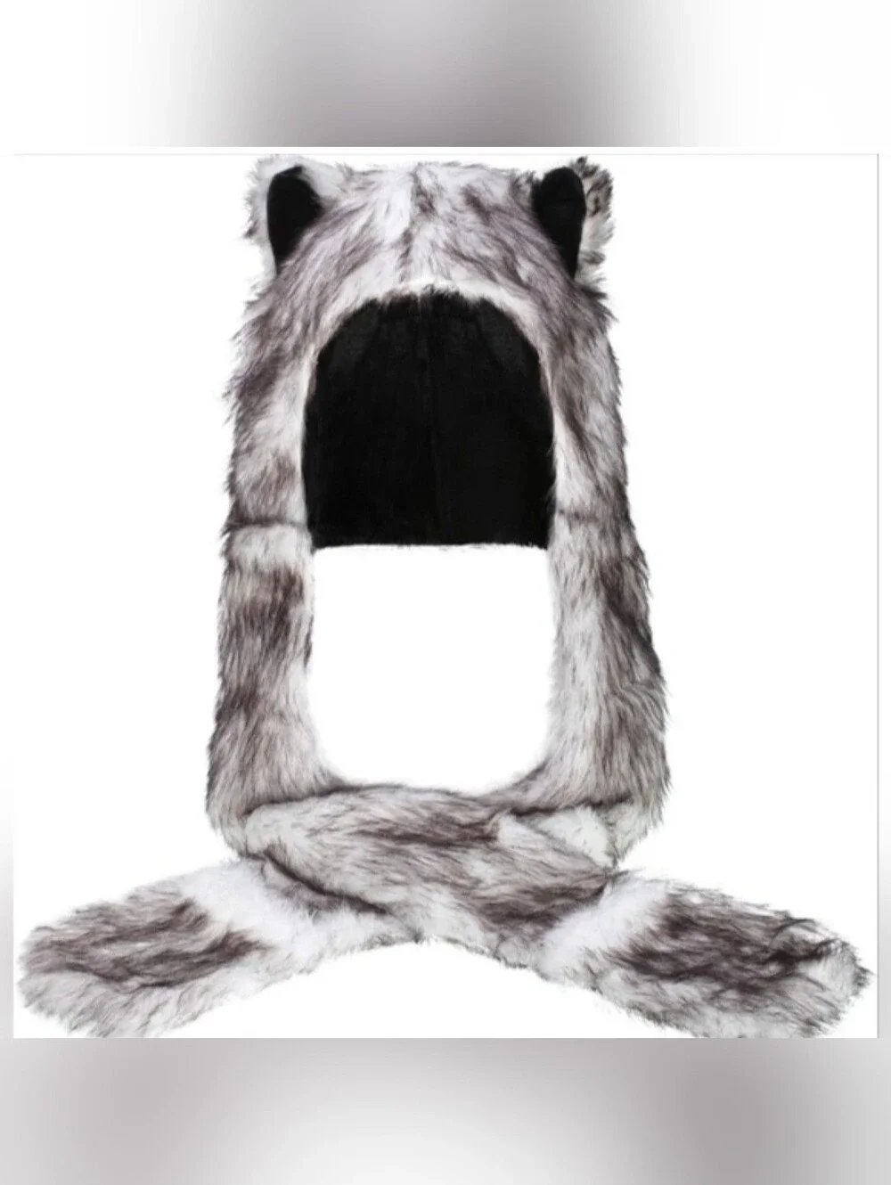 Amazon white winter wolf faux fur wolf ears paws as scarf mittens hat hood NWOT